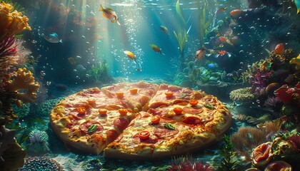 Imagine the excitement of a 3Drendered underwater adventure as a pizza plunges into the depths, propelled by curiosity - obrazy, fototapety, plakaty
