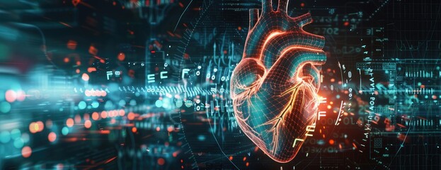 Futuristic human heart with data visualization lines, representation, 3d created with AI