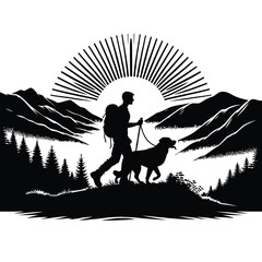 silhouette of a hiker and their dog hiking together on a mountain trail