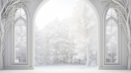 3D render of a white arch with a window, in a fantasy 3D render of a white arch with a window, in a...