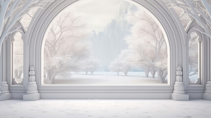 3D render of a white arch with a window, in a fantasy background, winter landscape