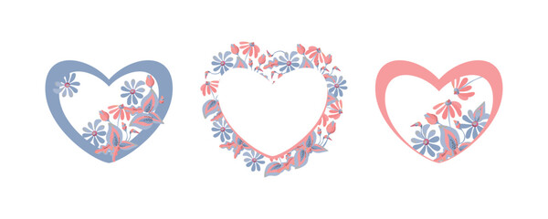 Three hearts with flowers. Vector illustration. 