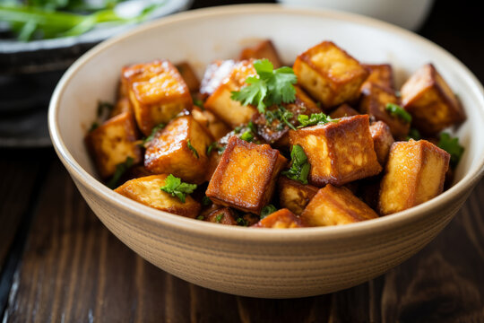 Crispy roasted tofu in a bowl topped with green herbs, roasted in the oven or fried in a skillet