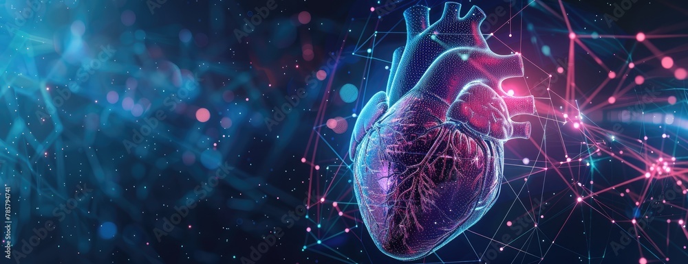 Poster futuristic human heart with data visualization lines, representation, 3d created with ai