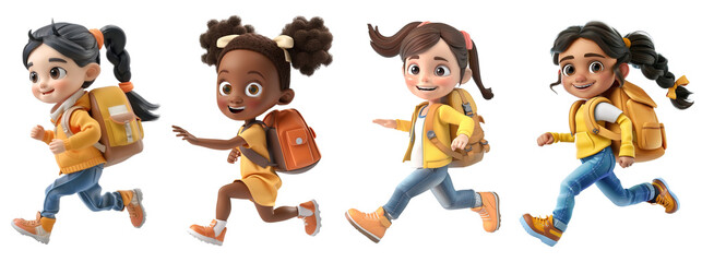 Set of four multi ethnic school girls running to school over white transparent background. 3D cartoon character style