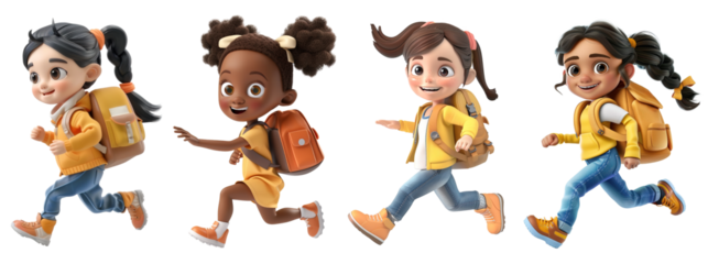 Set of four multi ethnic school girls running to school over white transparent background. 3D cartoon character style