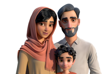 3D style animation characters of a Pakistani family portrait over white transparent background