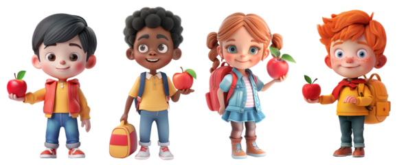 Multiethnic 3D cartoon character school children holding apples for teacher over isolated transparent background