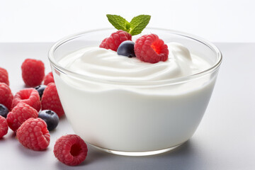 Plain yogurt or Greek yogurt in a bowl served with fresh raspberries