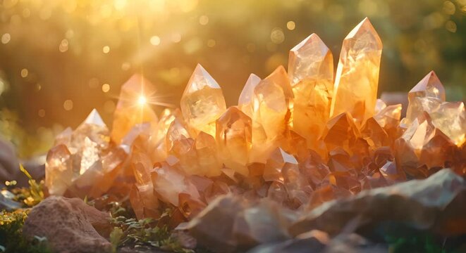 Sunstone crystals on a blurred sunny hilltop,