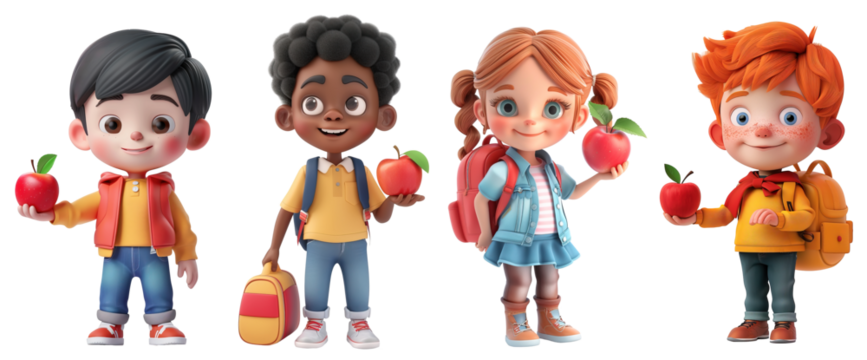 Multiethnic 3D cartoon character school children holding apples for teacher over isolated transparent background - Powered by Adobe