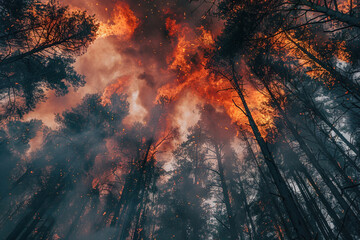 Forest fire low angle view of tall trees. Deforestation and environmental problems concept - Powered by Adobe
