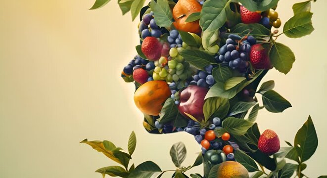 A surreal image of a person with plants and fruits growing from them, symbolizing internal health