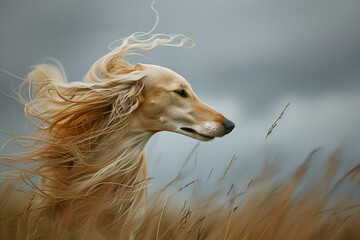 saluki dog with its hair blowing in the wind