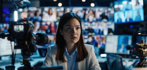 At the newsdesk a photographer focuses on a seriouslooking journalist as she conducts an interview over a video call surrounded by various screens and documents. . - Powered by Adobe