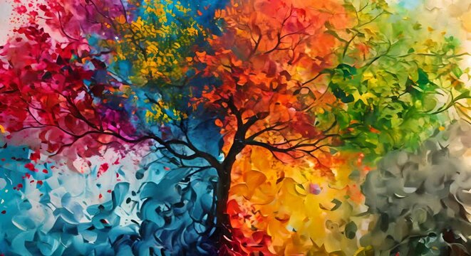 A vibrant, abstract interpretation of the four seasons, blended into one canvas