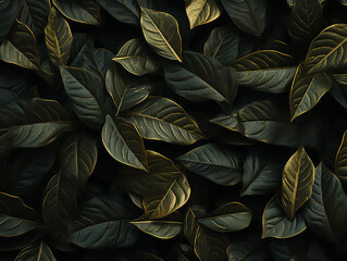 closeup of dark green leaves, their texture and shape rendered in intricate detail. The background is a soft gradient from light to dark yellow