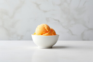 Orange sorbet or ice cream in a white bowl on white marble table, summer dessert idea - obrazy, fototapety, plakaty