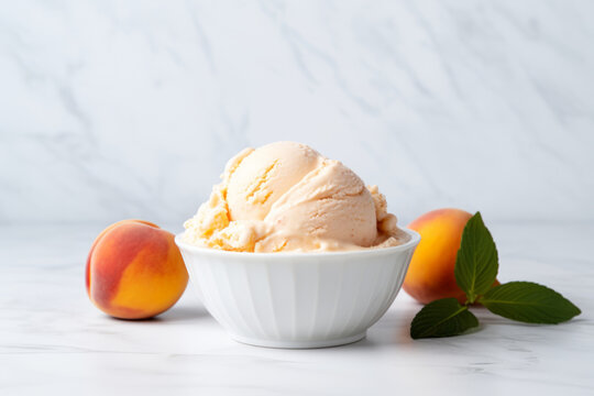 Peach ice cream in a white bowl on white marble table with fresh peaches, summer dessert idea