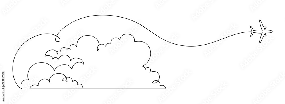 Aufkleber airplane path in the sky in one continuous line drawing. business concept of world travel and intern