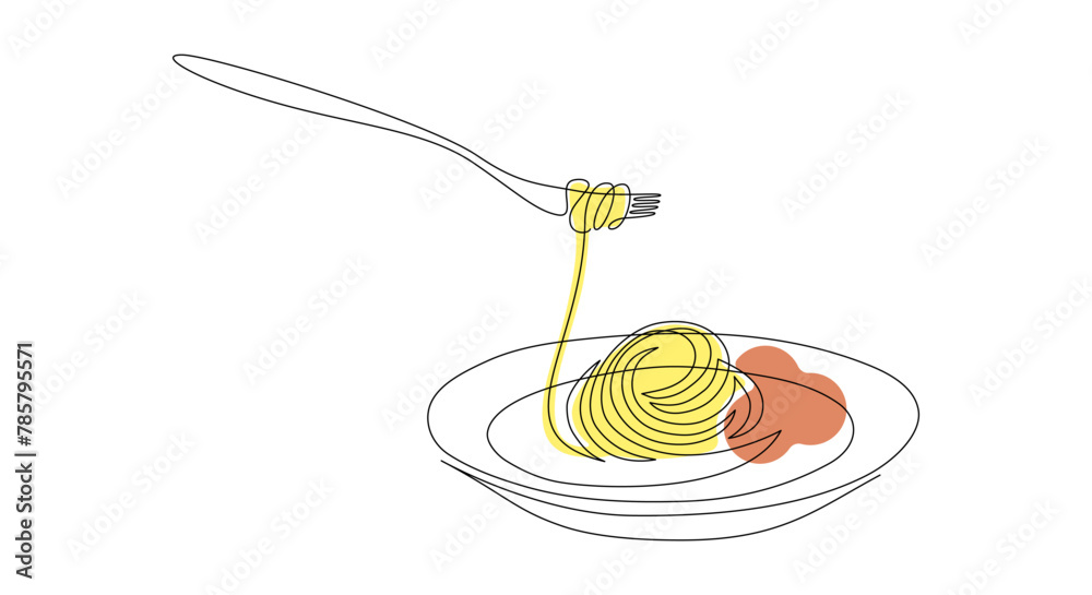 Aufkleber pasta and spaghetti in one continuous line drawing. italy noodle on plate with fork for banner and f