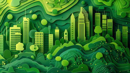 Abstract papercut illustration of a green eco-friendly city with urban forests. Futuristic eco-friendly city, merging urban forests for a sustainable living concept.v