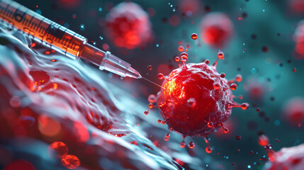 Syringe injection with red virus cell and immune system, medical theme background,. AI Generative