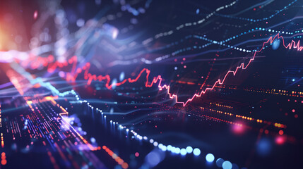 Panoramic abstract backdrop with stock market growth/down, digital financial chart graphs and...