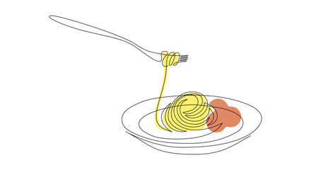 Pasta and spaghetti in One Continuous line drawing. Italy noodle on plate with fork for banner and food delivery service in simple linear style. Editable stroke. Doodle outline Vector illustration
