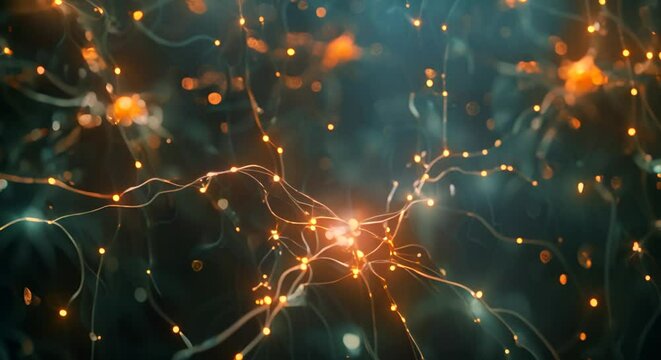 A digital neural network illuminated by pulses of light on a dark, abstract background