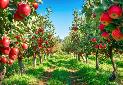 Apple orchard in autumn green grass, beautiful scenery, green nature