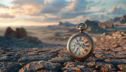 Picture an intricately crafted pocket watch traversing the vast expanse of a desert landscape - obrazy, fototapety, plakaty
