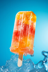 Colorful fruit popsicle on blue background with reflection