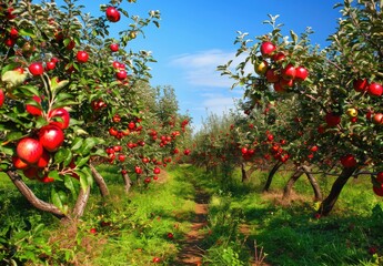 Apple orchard in autumn green grass, beautiful scenery, green nature