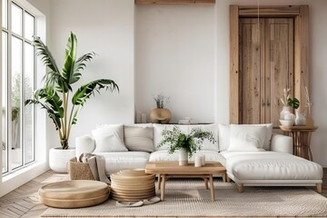 bright mediterranean living room with white sofa and wooden elements 3d illustration