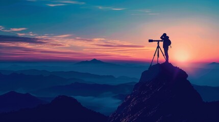 Fototapeta premium A silhouette of a person standing on top of a mountain looking out into the distance with a telescope in hand. The vast open landscape represents the endless pursuit of truth and the .