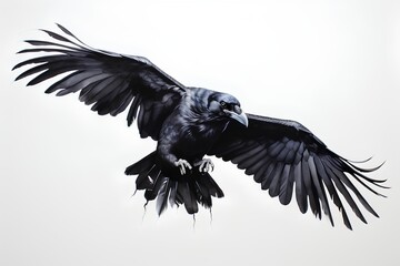 3d rendering of a black crow flying isolated on white background.