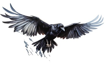 Black crow flying isolated on white background. 3D rendering and illustration.