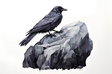 drawing of a crow on a stone in the style of watercolor