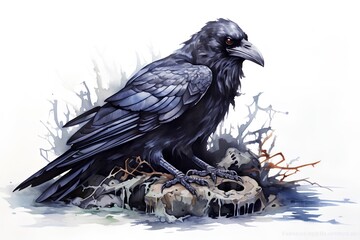 Black raven on a tree stump. Hand drawn watercolor illustration.