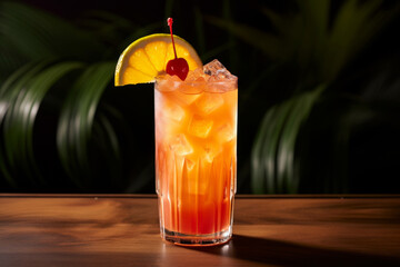 Singapore sling cocktail, tropical cocktail with cherry and pineapple garnish