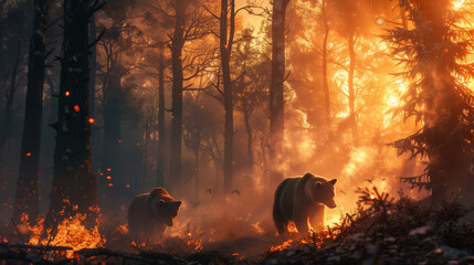 Two frightened bears are running through the forest against the background of a fire. Wild bears...