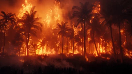Draagtas Palm trees are on fire. A strong forest fire in Southeast Asia. A forest fire is burning against the background of a palm forest. © chekart