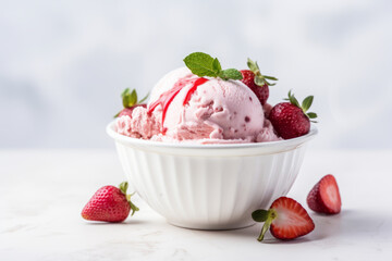 Strawberry ice cream in a white bowl on white marble table with fresh berries