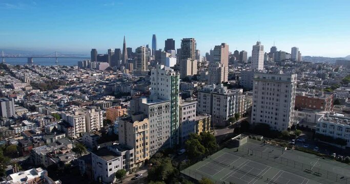 San Francisco USA Cityscape Skyline, Aerial View of Central Towers From Russian Hill Neighborhood, Drone Shot