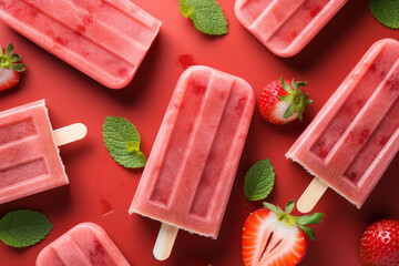 Homemade strawberry popsicles with mint leaves on a wooden plate, surrounded by fresh strawberries