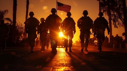A group of military soldiers carrying the American flag at sunrise created under the theme of May 27,America's Memorial Day