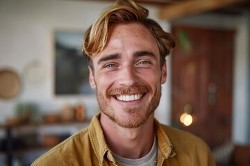 cheerful young adult man with genuine smile and happy expression portrait - obrazy, fototapety, plakaty
