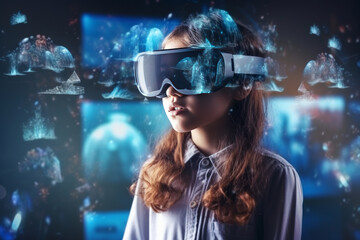 Futuristic young woman or girl in virtual reality headset in a visually captivating digital space