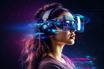 Futuristic young woman or girl in virtual reality headset in a visually captivating digital space